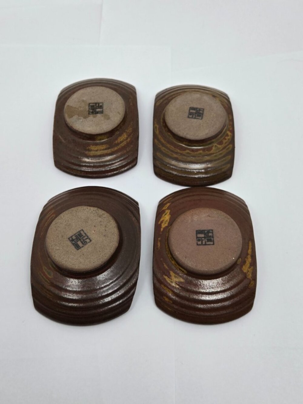 Redware Sake / Tea cups with Saucers, Brown, Yellow, Red - Picture 6 of 8
